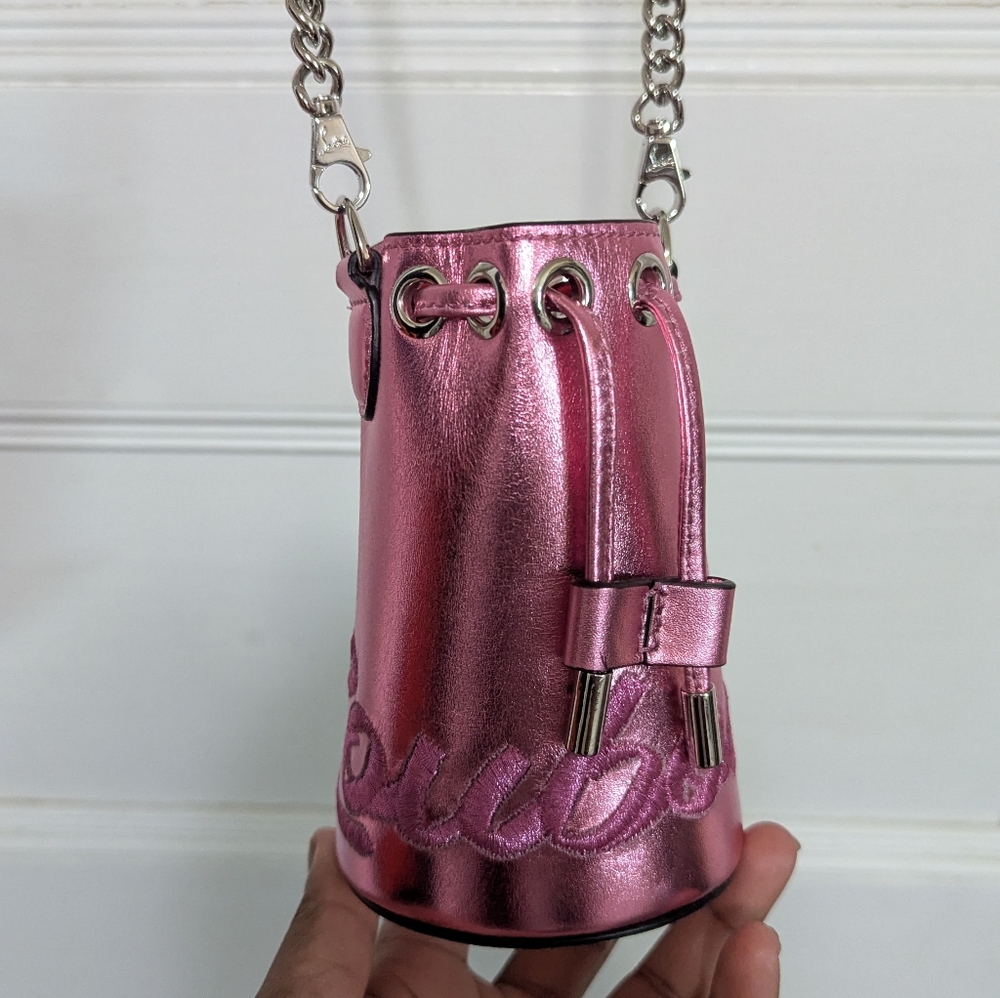 Louboutin Metallic Pink Mini Bucket Bag with Chain Strap